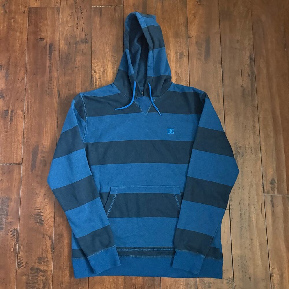 Y2K DC Shoes Hoodie Mens XL Blue Striped Pullover 2000s Skater Grunge Emo